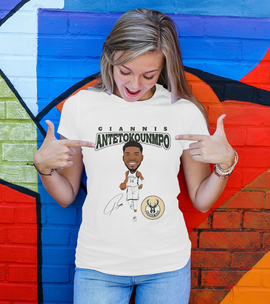 Giannis Antetokounmpo Milwaukee Bucks Hardwood Comic Caricature Basketball Signature 34 T-Shirt