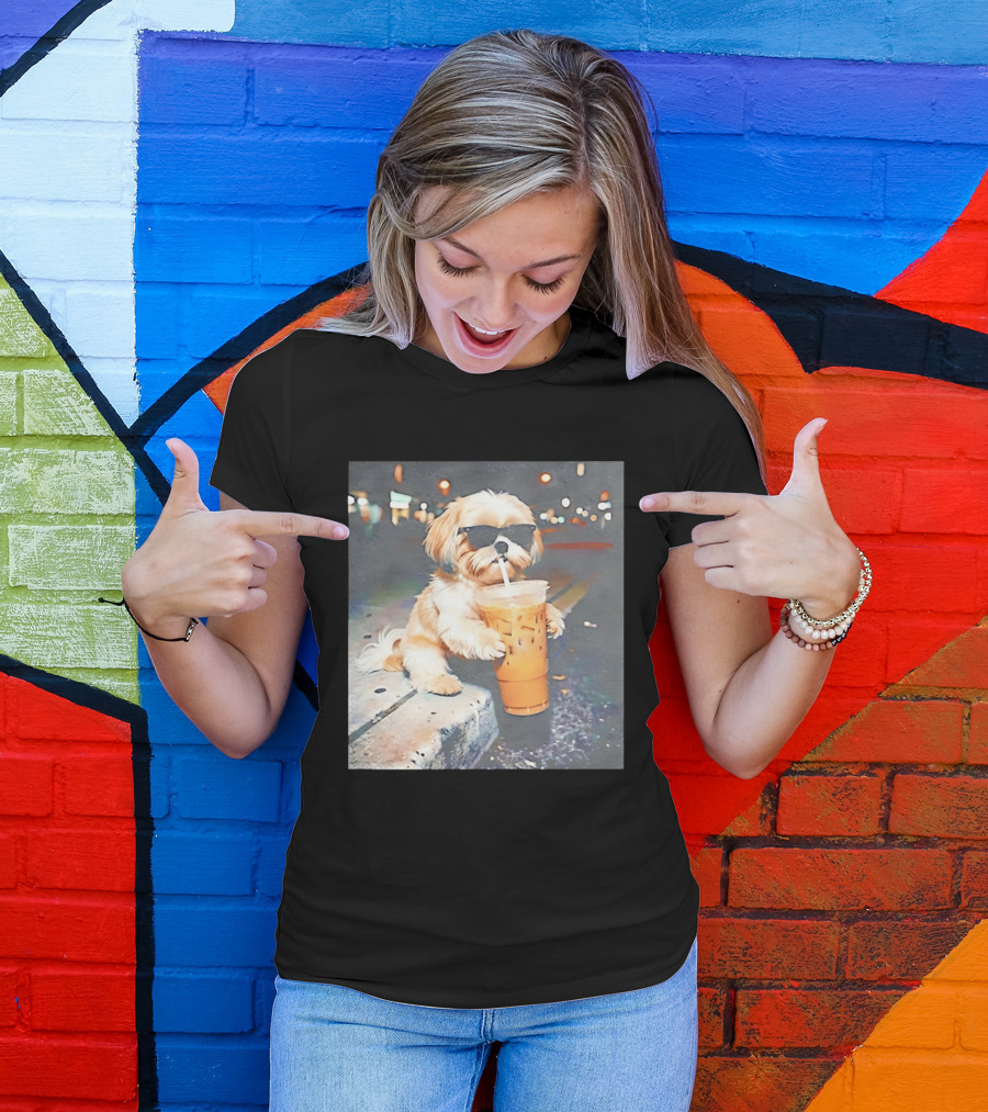 Shih Tzu Enjoying Iced Coffee At Night With Sunglasses T-Shirt