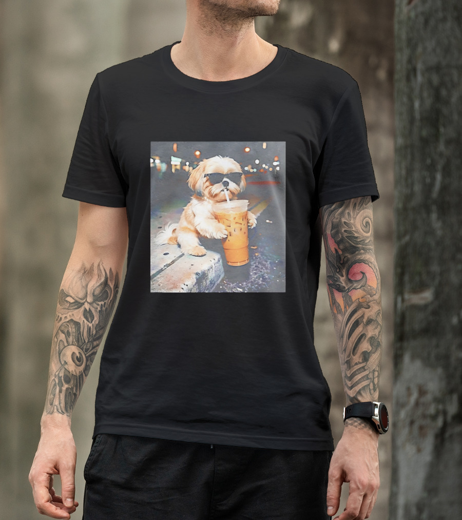 Shih Tzu Enjoying Iced Coffee At Night With Sunglasses T-Shirt