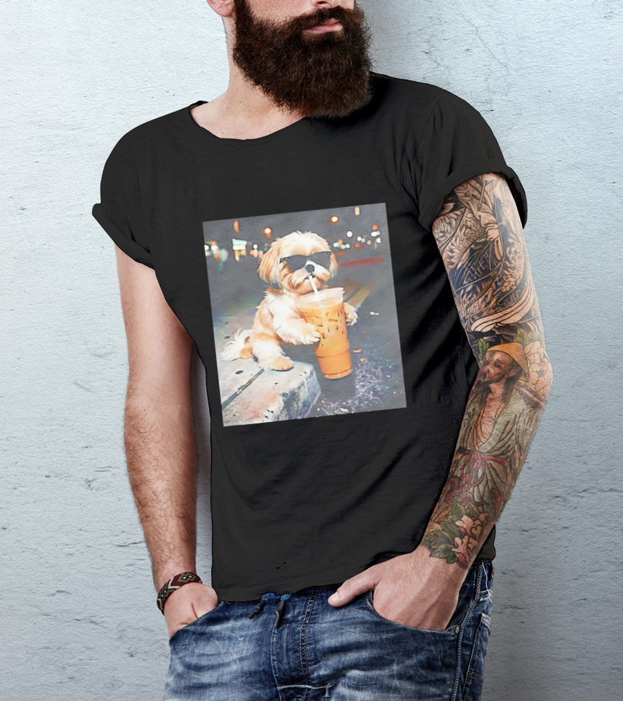 Shih Tzu Enjoying Iced Coffee At Night With Sunglasses T-Shirt