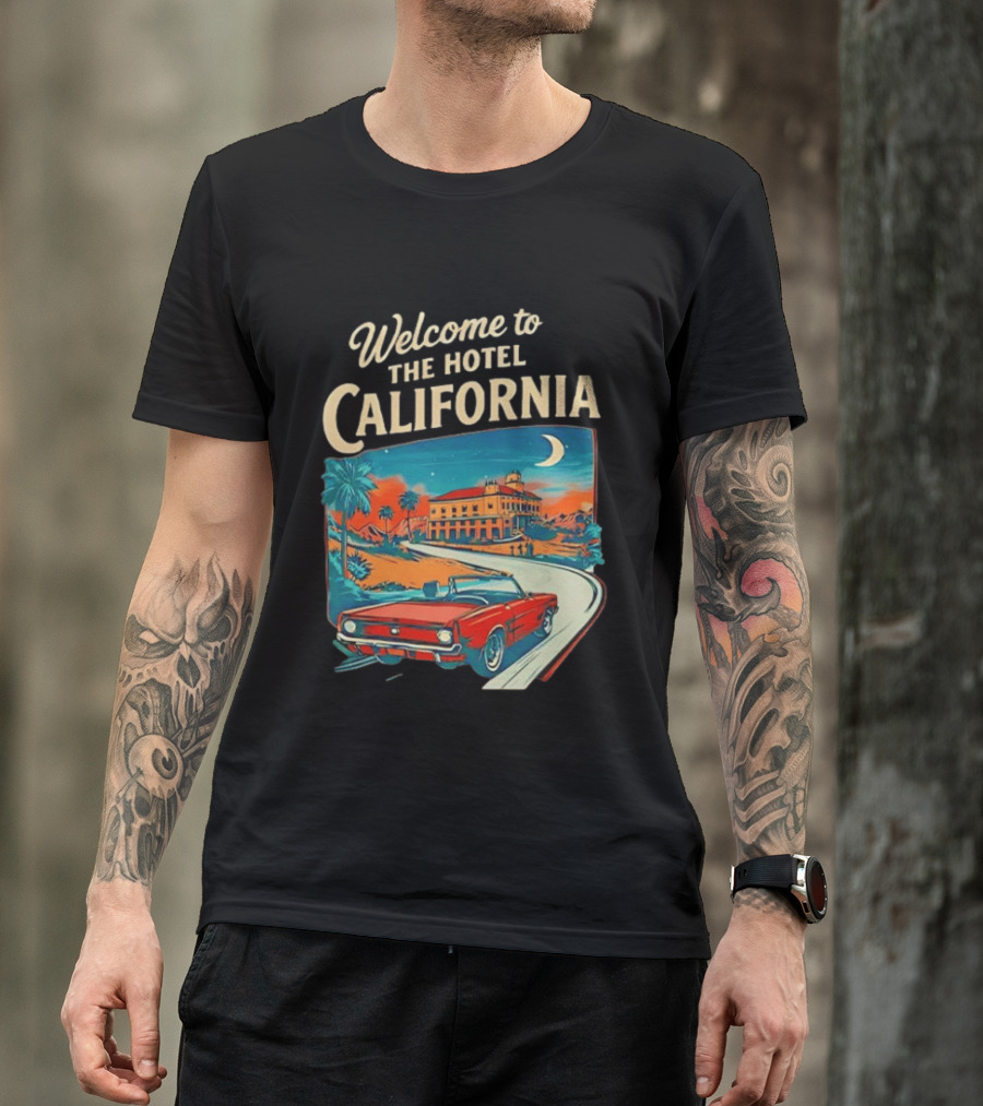 Welcome To The Hotel California Red Convertible Vintage Palm Trees Moonlit Scene T-Shirt
