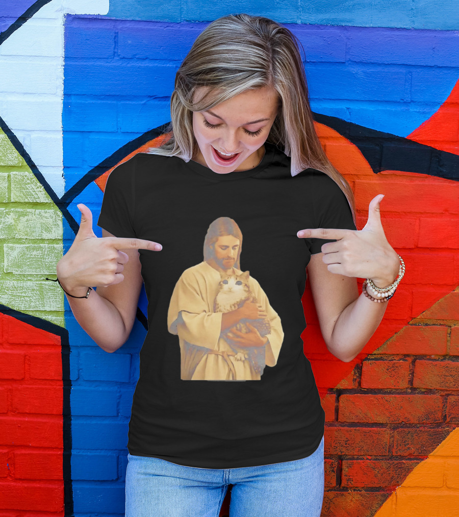 Jesus Embracing Chubby Cat T-Shirt