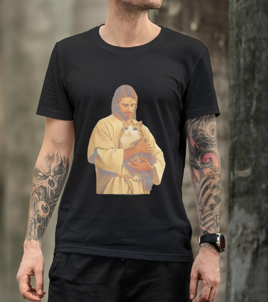 Jesus Embracing Chubby Cat T-Shirt
