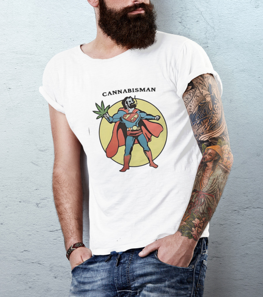 Cannabisman Superman Smoking Cannabis Holding Leaf T-Shirt