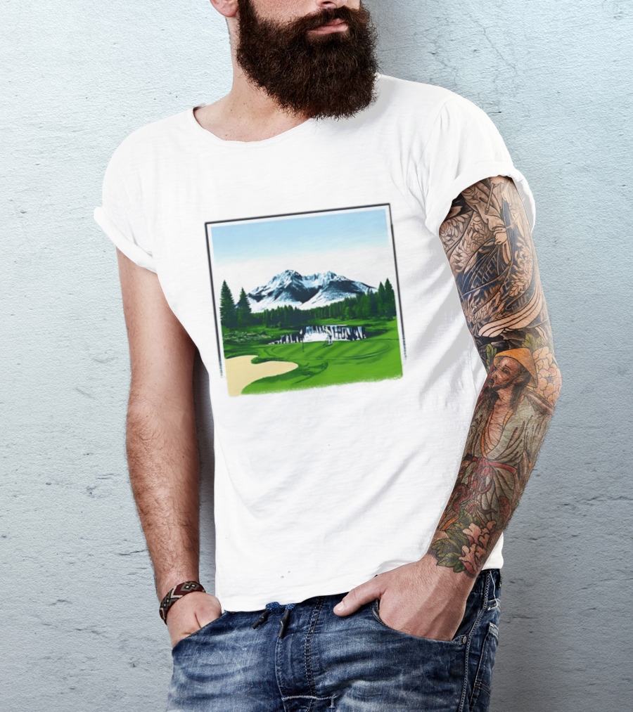 Golf Course Mountain Landscape Scenic Nature Forest Greenery Snowcapped Peaks T-Shirt