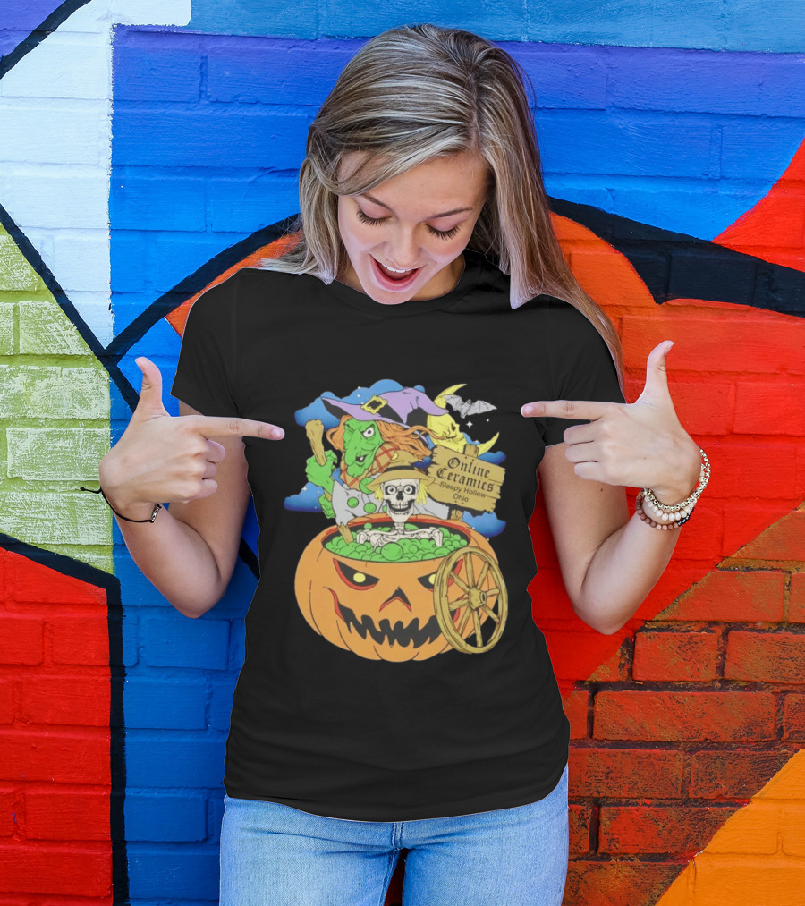 Online Ceramics Sleepy Hollow Ohio Witch Skeleton Pumpkin Cauldron Scene T-Shirt