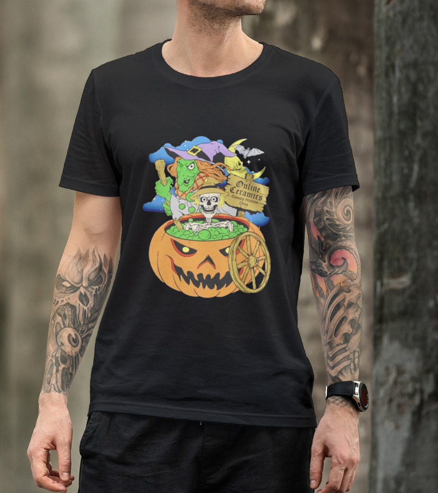 Online Ceramics Sleepy Hollow Ohio Witch Skeleton Pumpkin Cauldron Scene T-Shirt