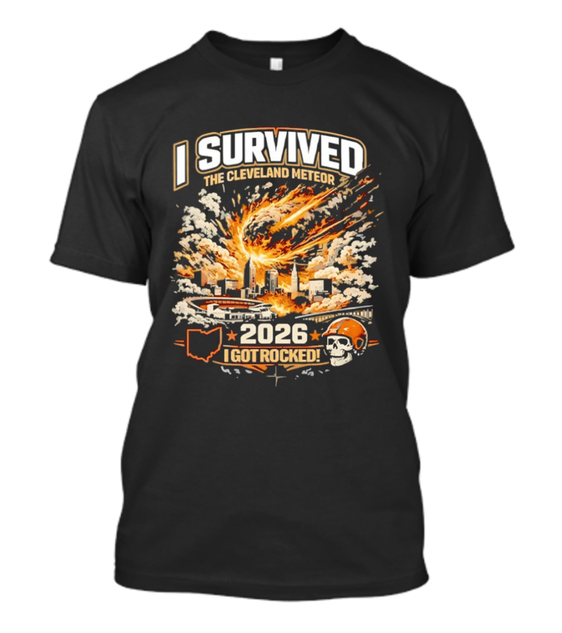 I Survived The Cleveland Meteor 2026 I Got Rocked Explosion Skull Helmet City Skyline T-Shirt