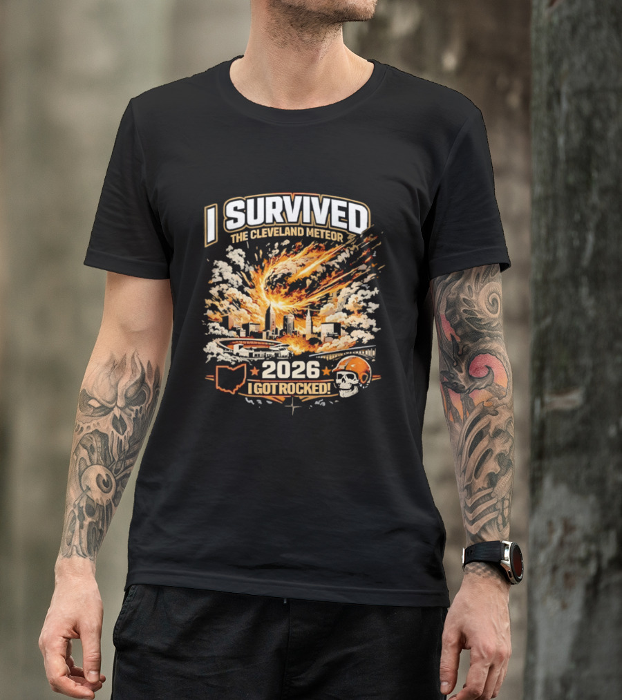 I Survived The Cleveland Meteor 2026 I Got Rocked Explosion Skull Helmet City Skyline T-Shirt