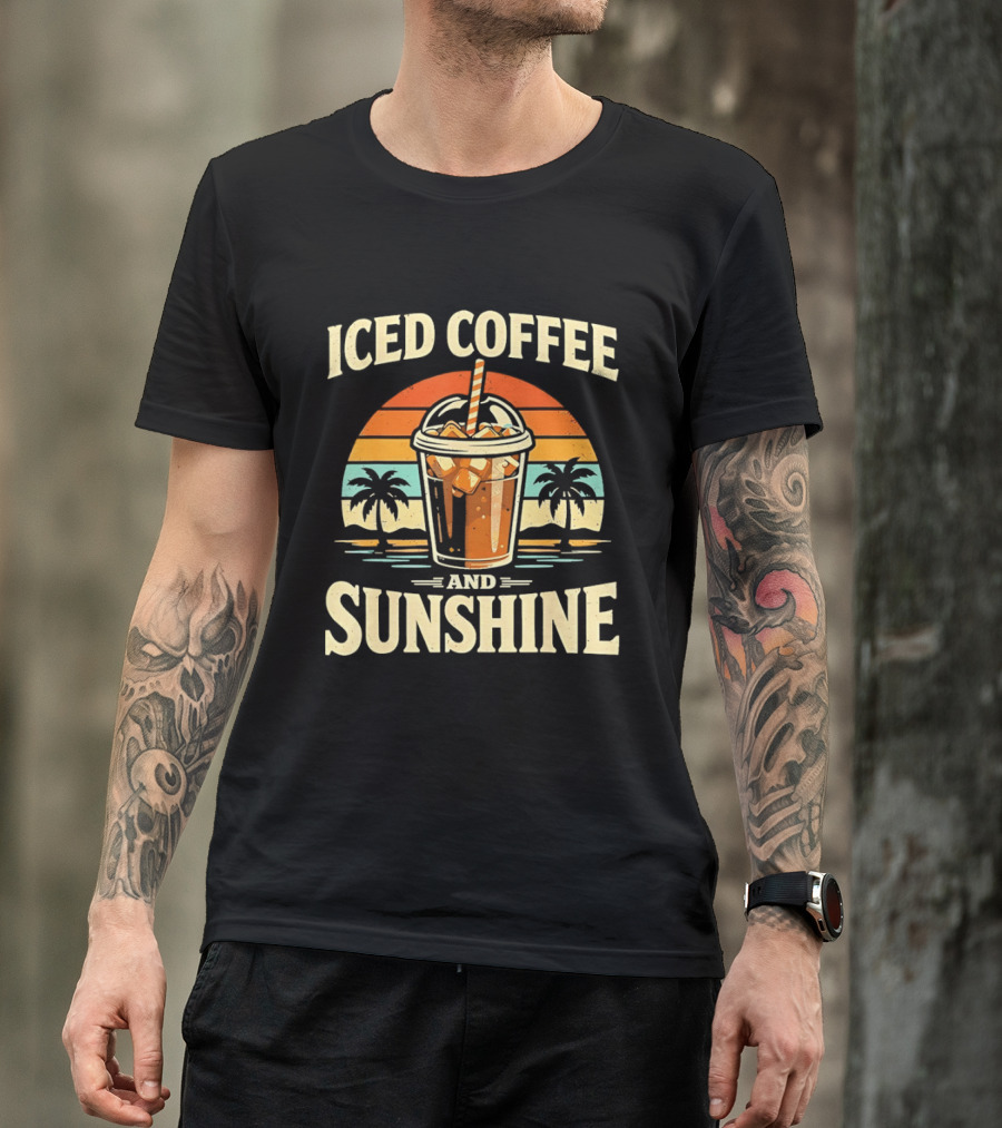 Iced Coffee And Sunshine Beach Vibes With Palm Trees And Sunset T-Shirt