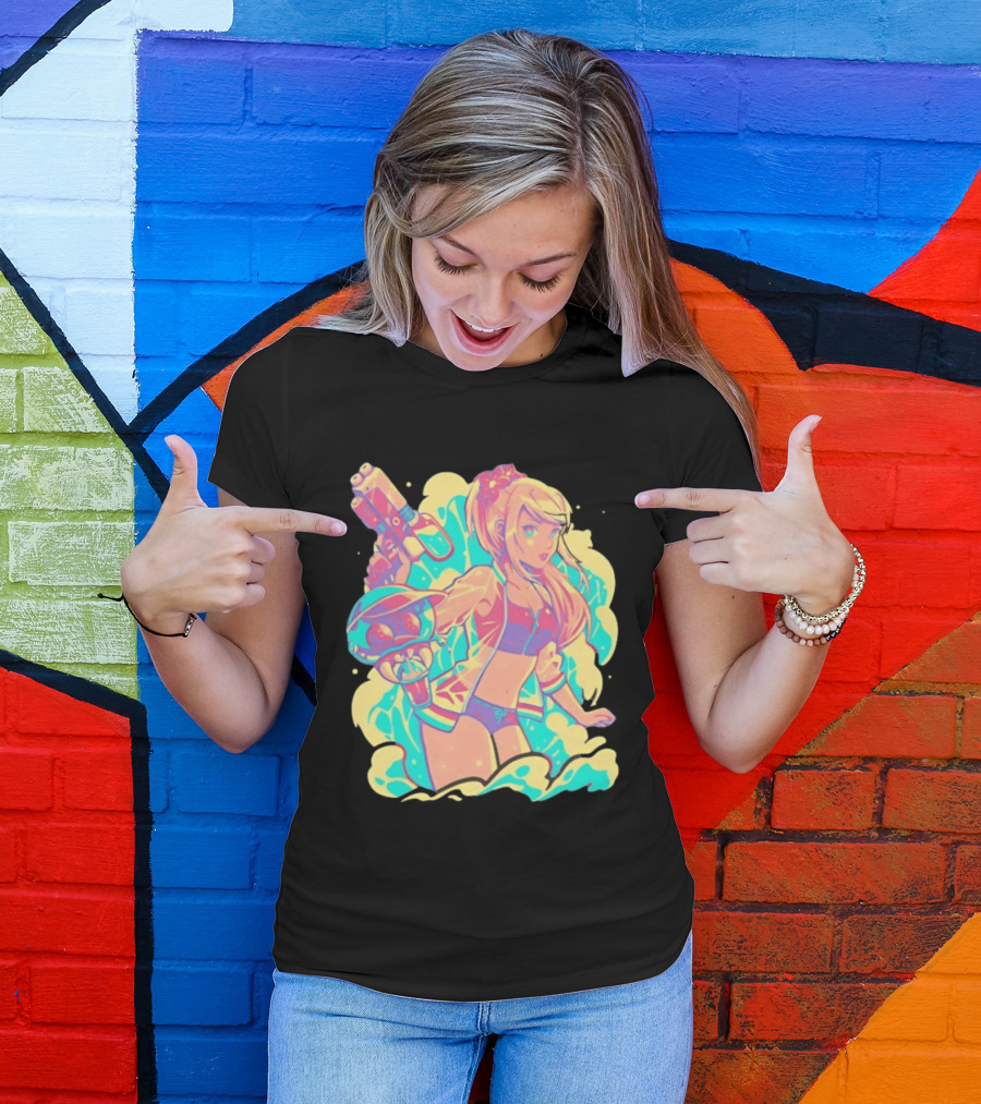 Metroid Water Games Neon Anime Girl With Water Gun And Floating Creature T-Shirt