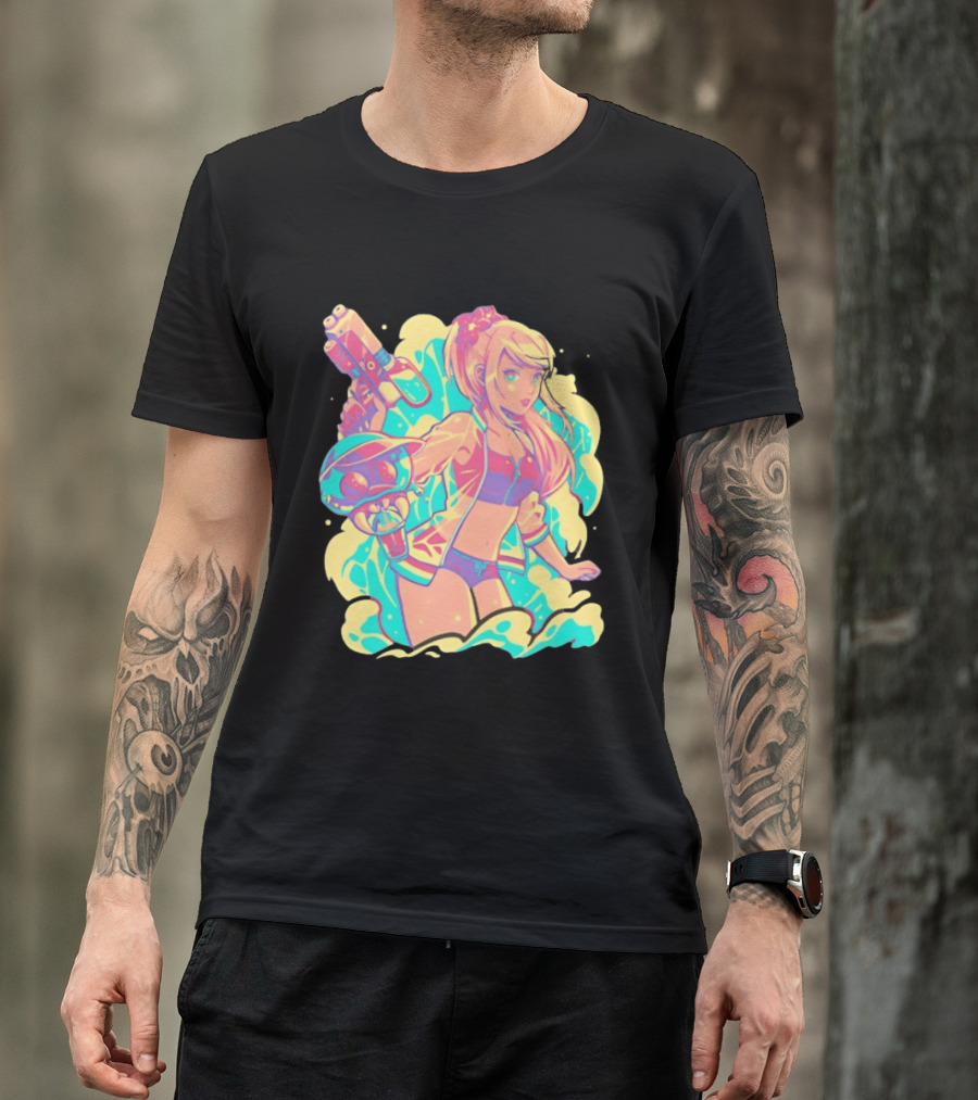Metroid Water Games Neon Anime Girl With Water Gun And Floating Creature T-Shirt