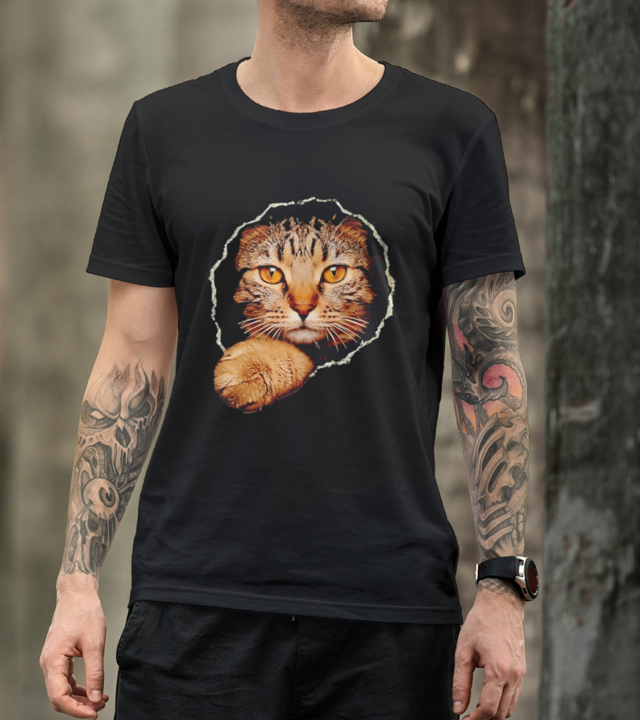 Tabby Cat Golden Eyes Peeking Through Handsome Brown T-Shirt
