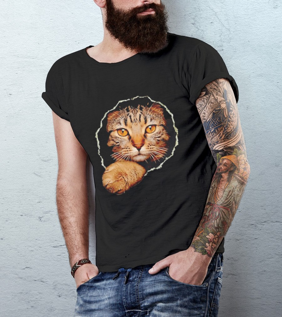 Tabby Cat Golden Eyes Peeking Through Handsome Brown T-Shirt