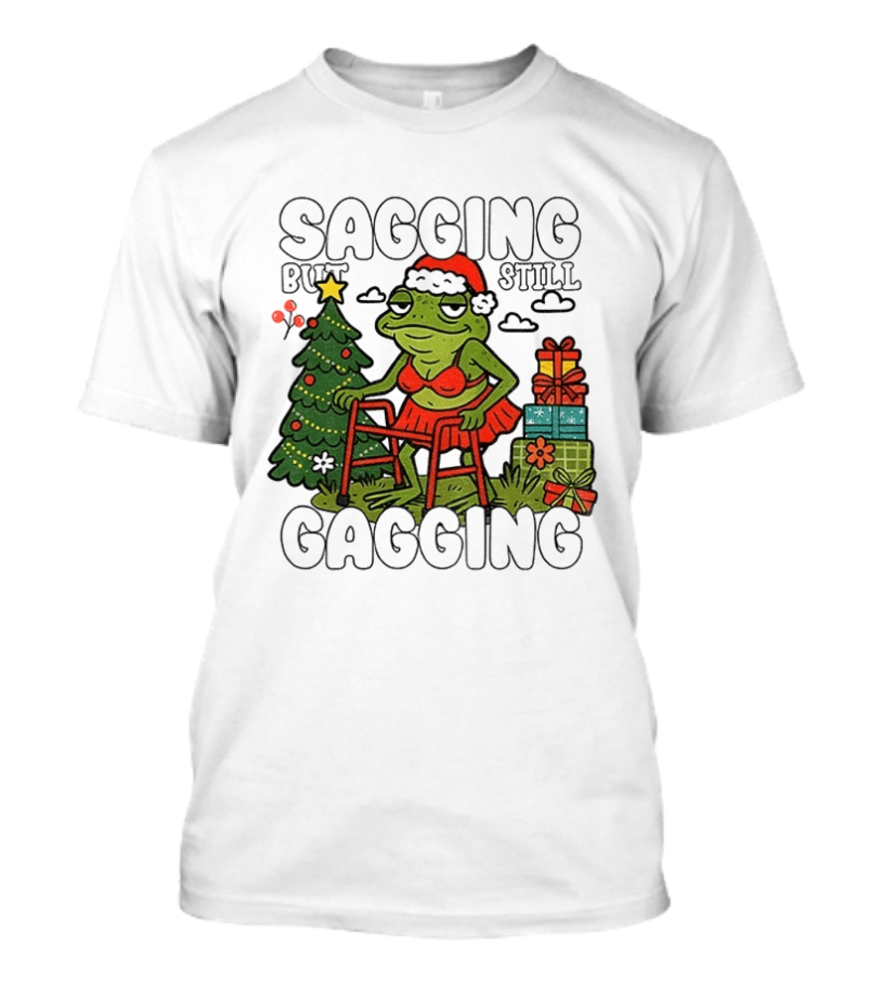 Sagging But Still Gagging Frog Santa Hat Christmas Tree Presents T-Shirt