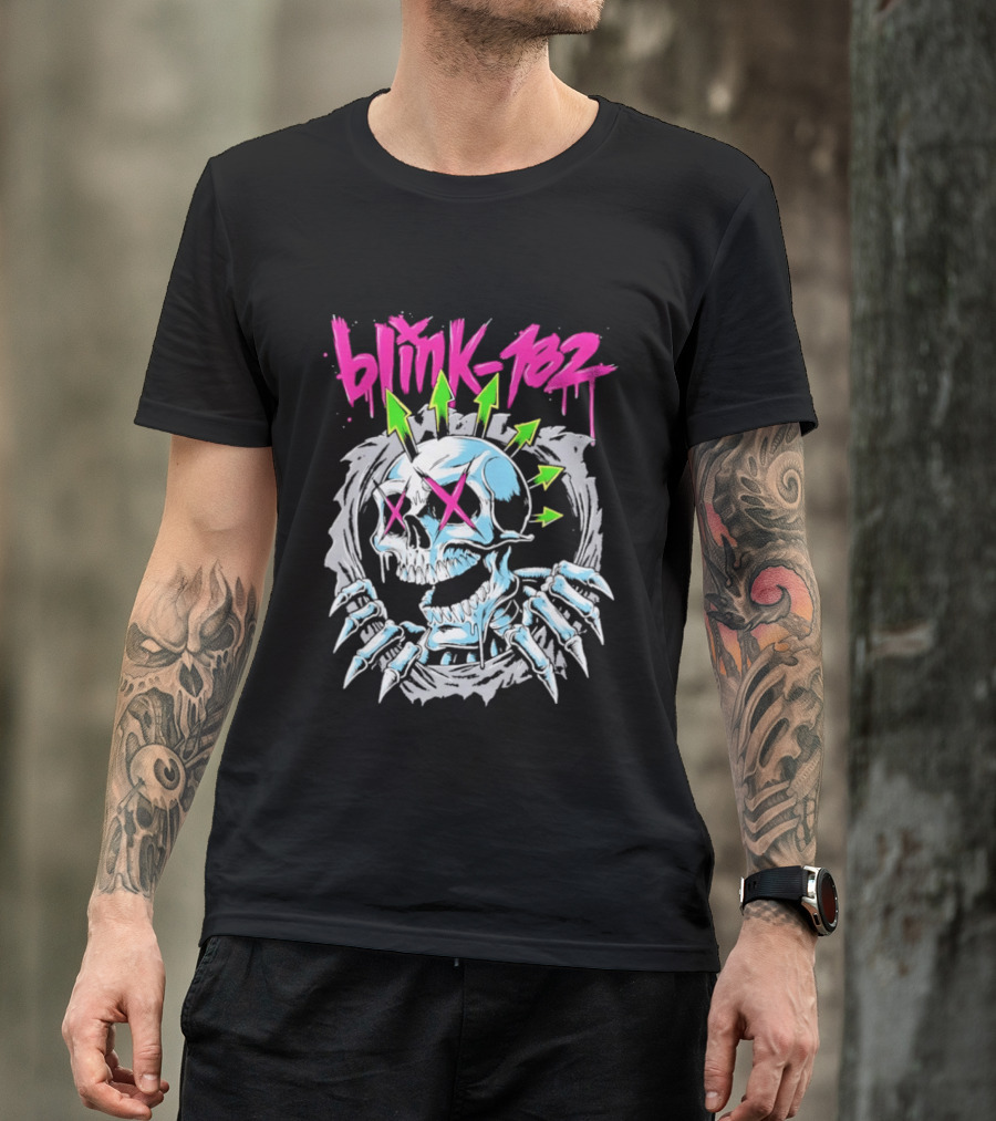 Blink 182 Pink Script With Neon Green Arrows And Punk Skull T-Shirt