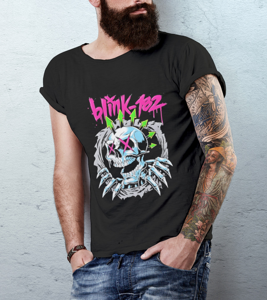 Blink 182 Pink Script With Neon Green Arrows And Punk Skull T-Shirt