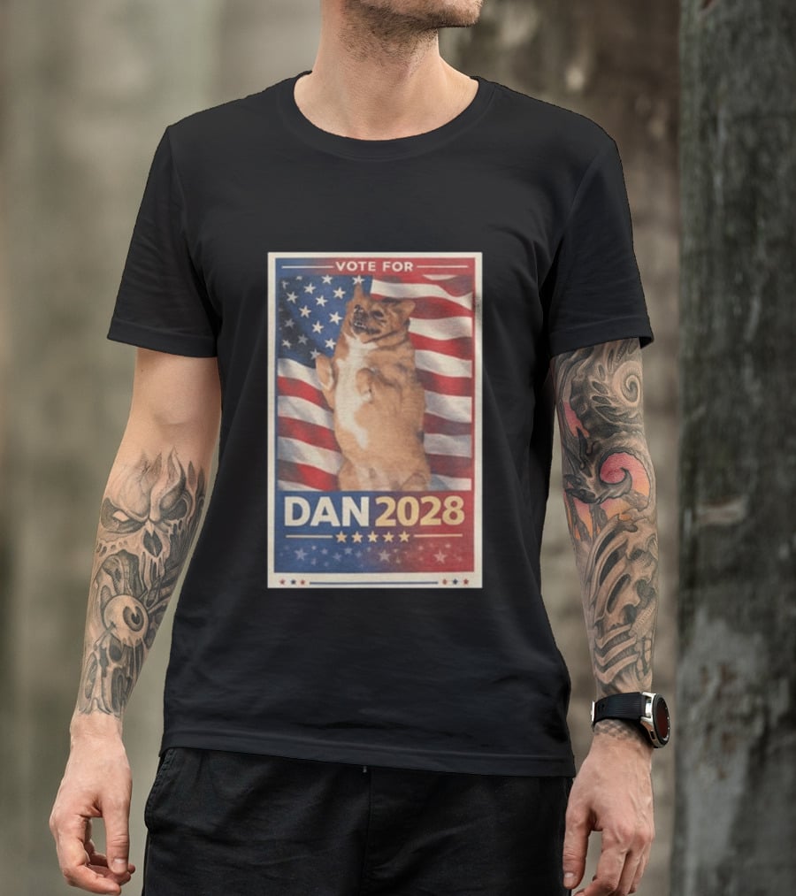 Vote For Dan 2028 American Flag Dog Stars Stripes T-Shirt
