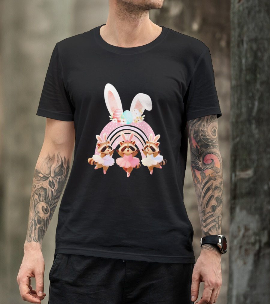 Ballet Dancer Ballerina Raccoons With Easter Bunny Ears And Eggs T-Shirt