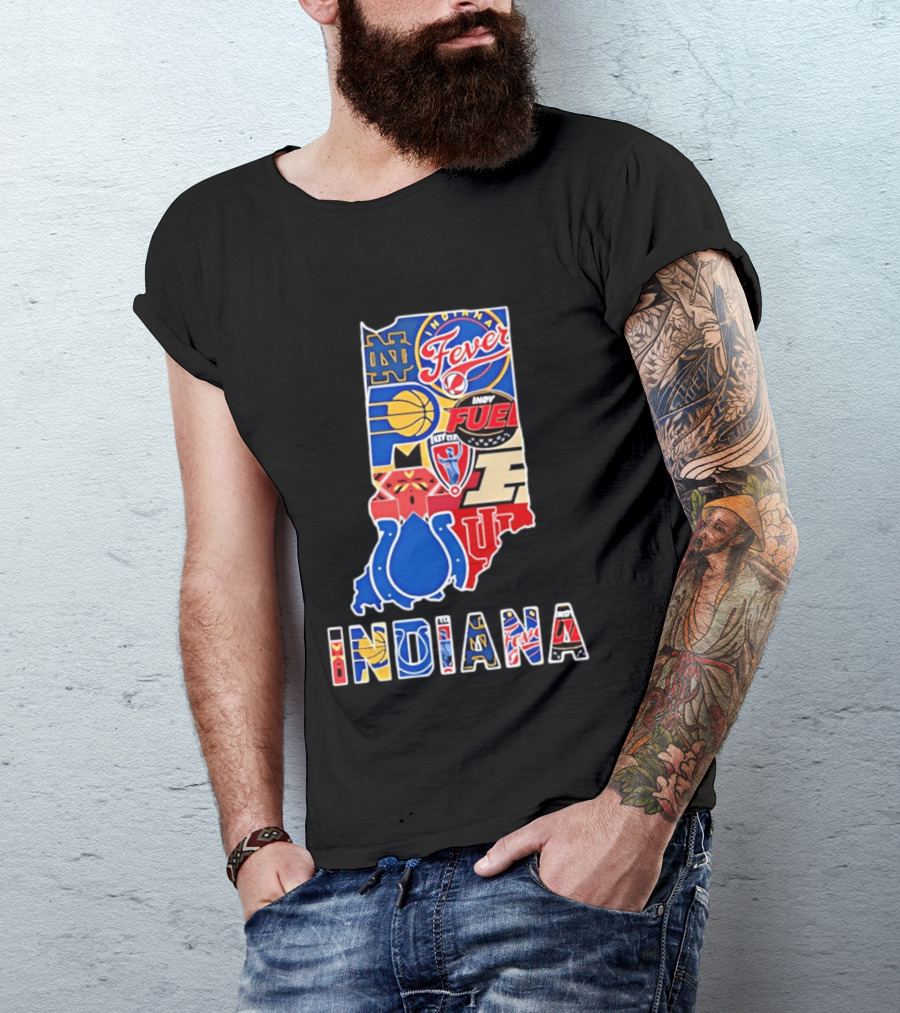 Indiana Sports Team Logos Map Featuring Colts Pacers Fever Hoosiers Fighting Irish Fuel T-Shirt