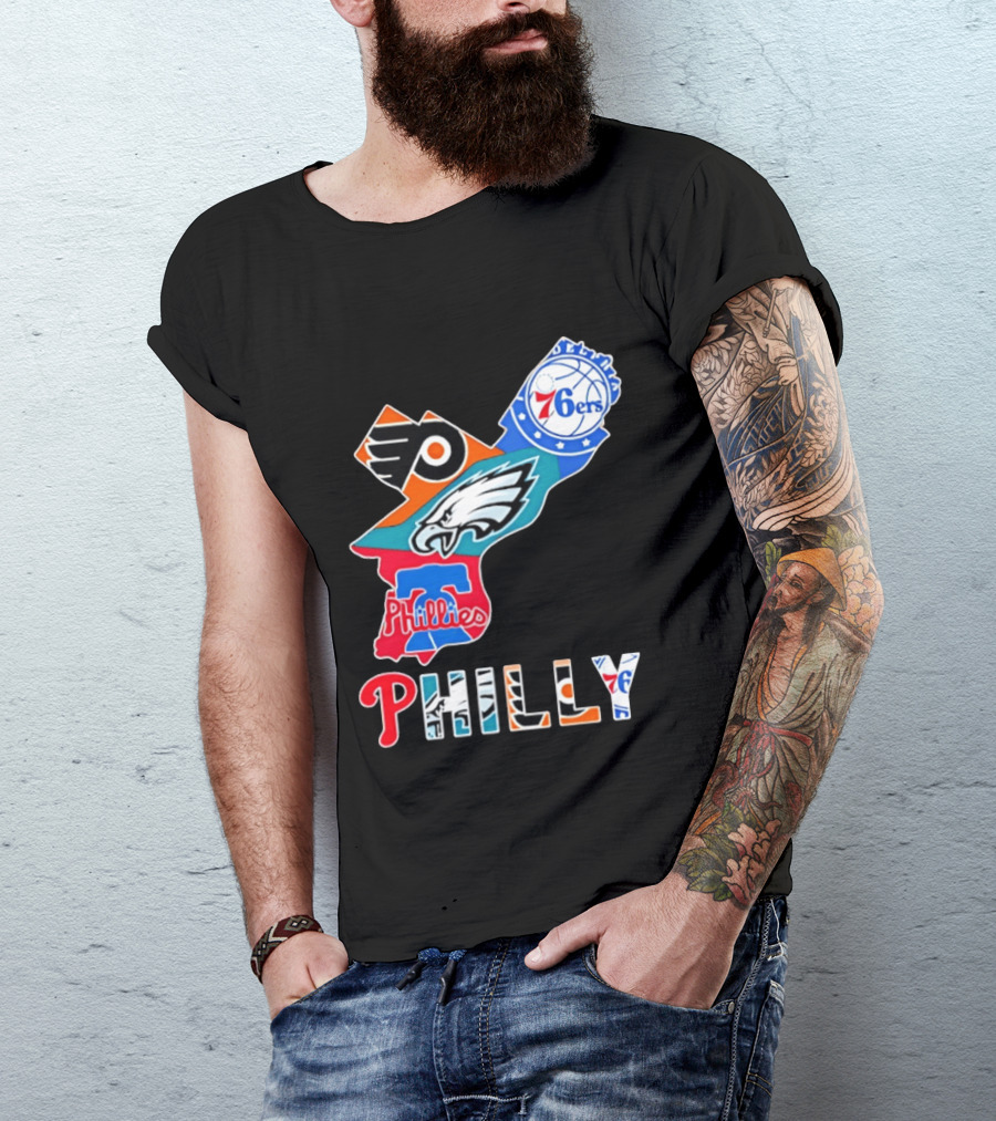 Philadelphia Flyers 76ers Eagles Phillies PHILLY Sports Logos State Map T-Shirt