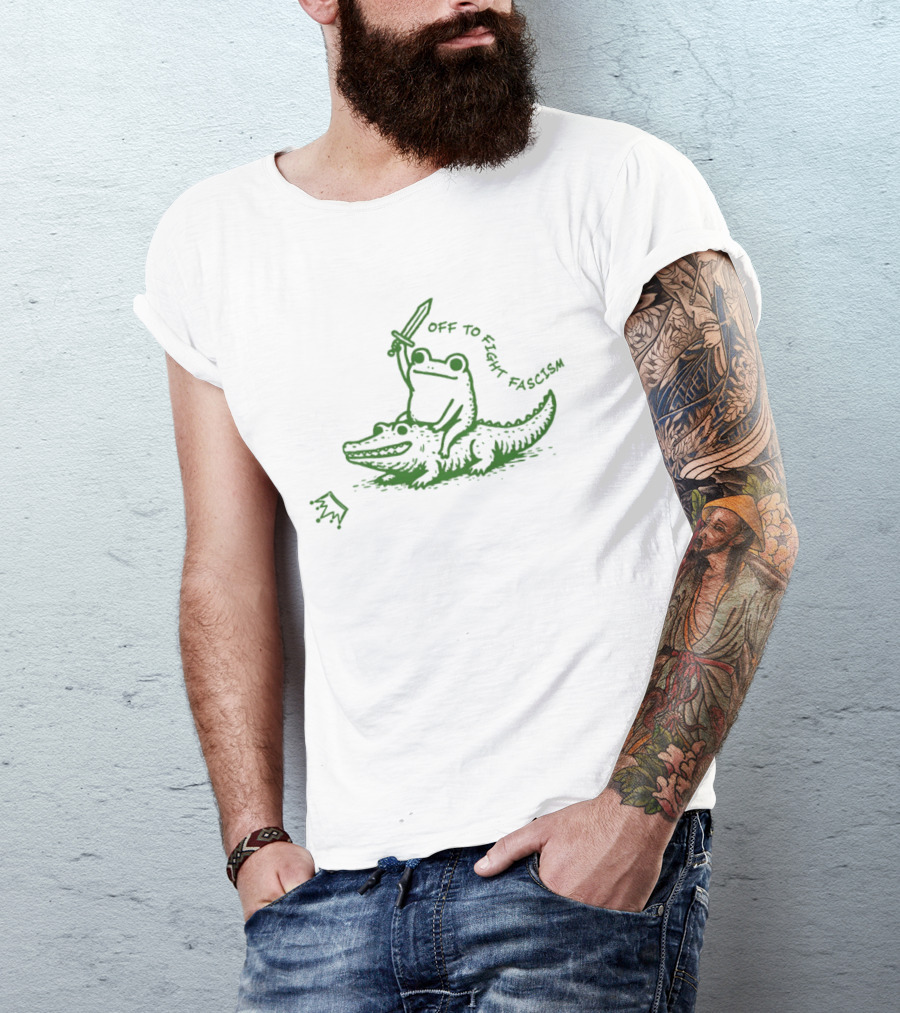 Off To Fight Fascism Unhinged Frog Riding Alligator Sword Meme T-Shirt