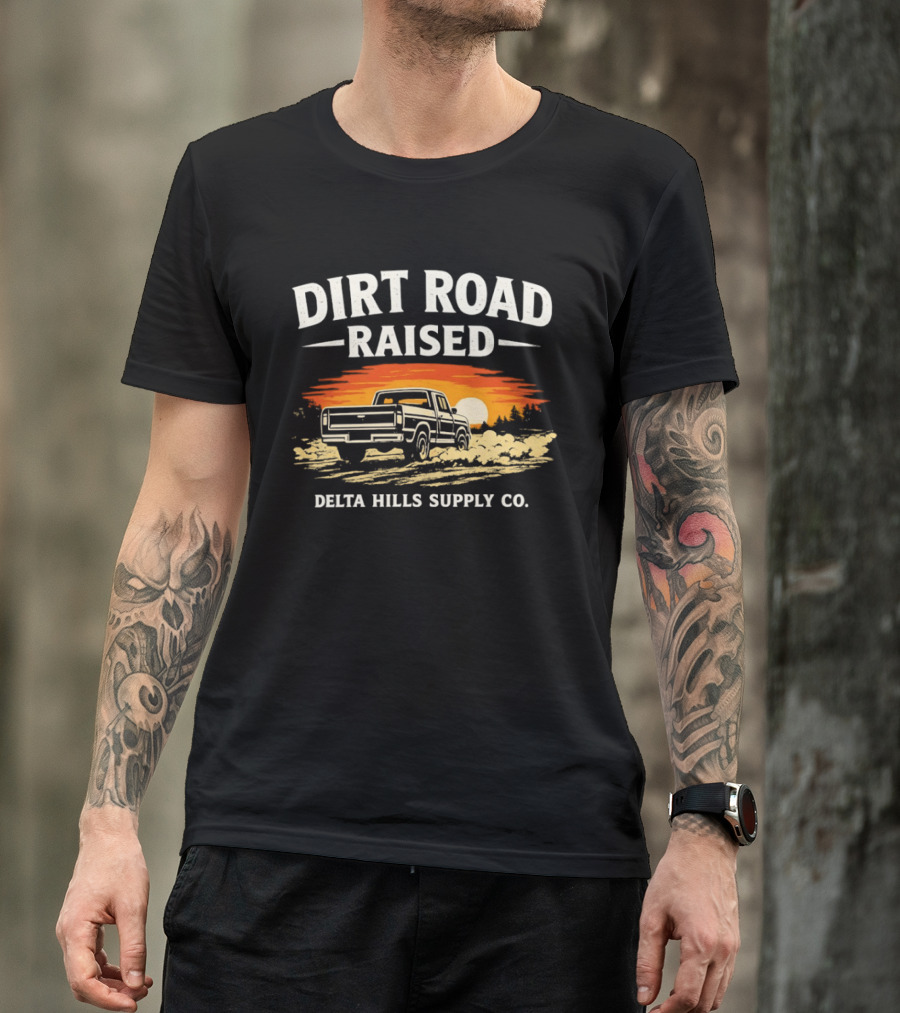Dirt Road Raised Delta Hills Supply Co Vintage Pick Up Truck Sunset T-Shirt