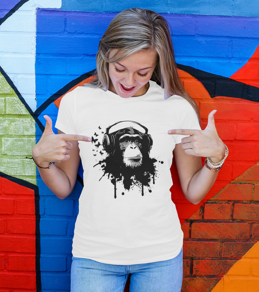 Monkey Headphones Street Art Splatter T-Shirt