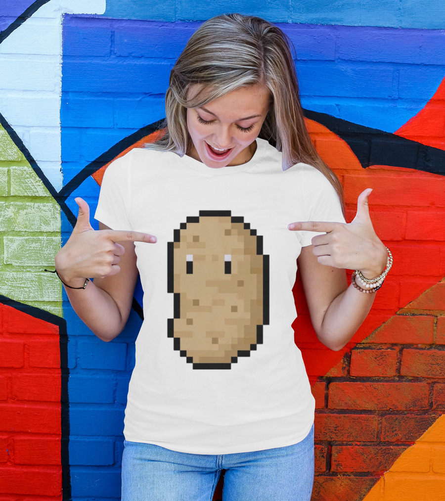 Pixelated Potato Meme Block Style Retro Gaming Humor T-Shirt
