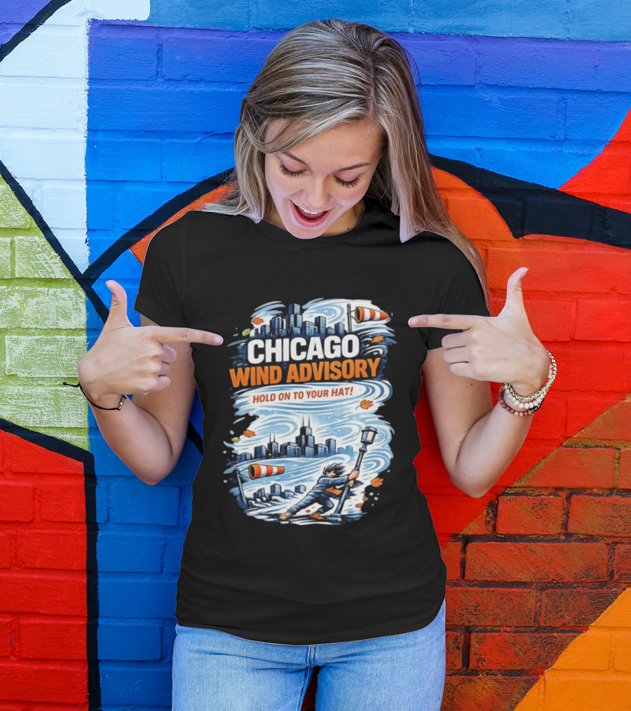 Chicago Wind Advisory Hold On To Your Hat Cityscape And Skyline Scene T-Shirt