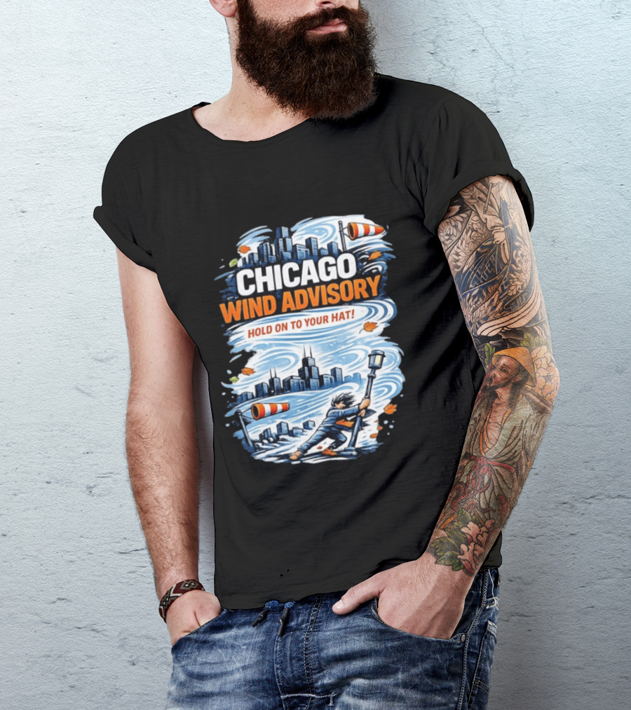 Chicago Wind Advisory Hold On To Your Hat Cityscape And Skyline Scene T-Shirt