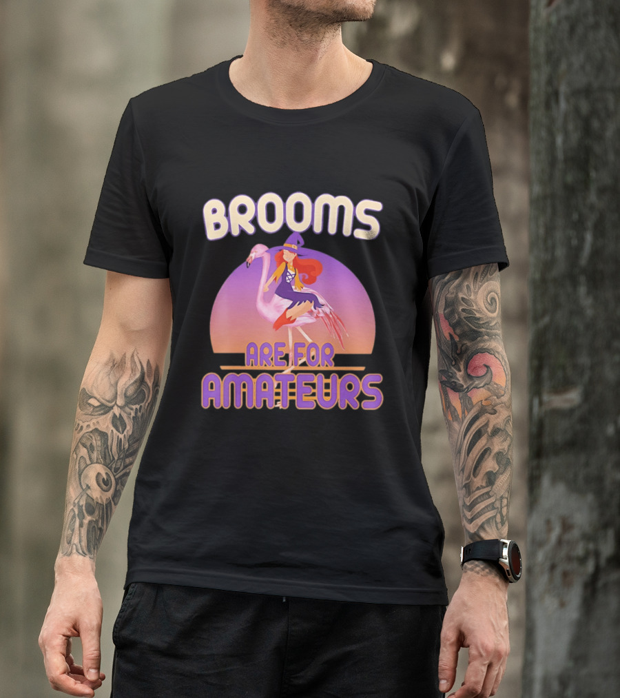 Brooms Are For Amateurs Witch Riding Flamingo T-Shirt
