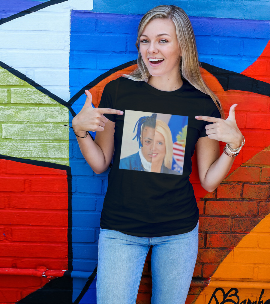 XXXTentacion Pam Bondi Split Image Face Half Blue Dreads Tattoos American Flag T-Shirt