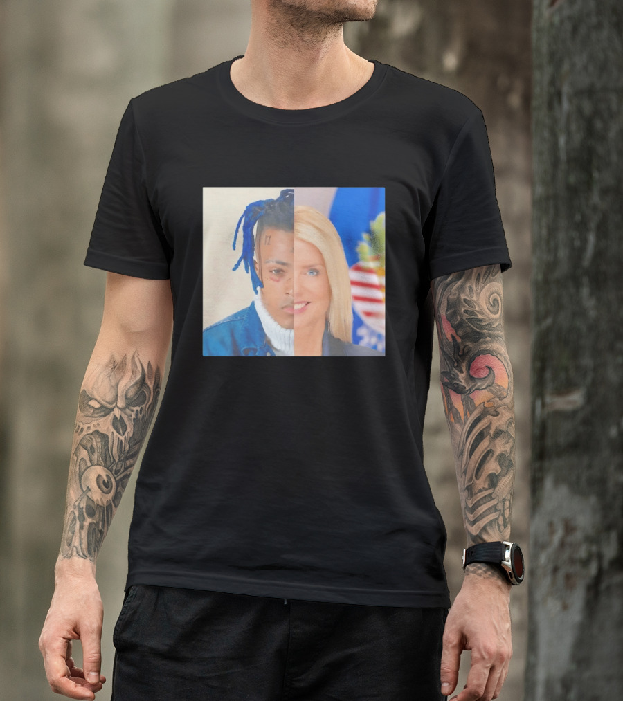 XXXTentacion Pam Bondi Split Image Face Half Blue Dreads Tattoos American Flag T-Shirt