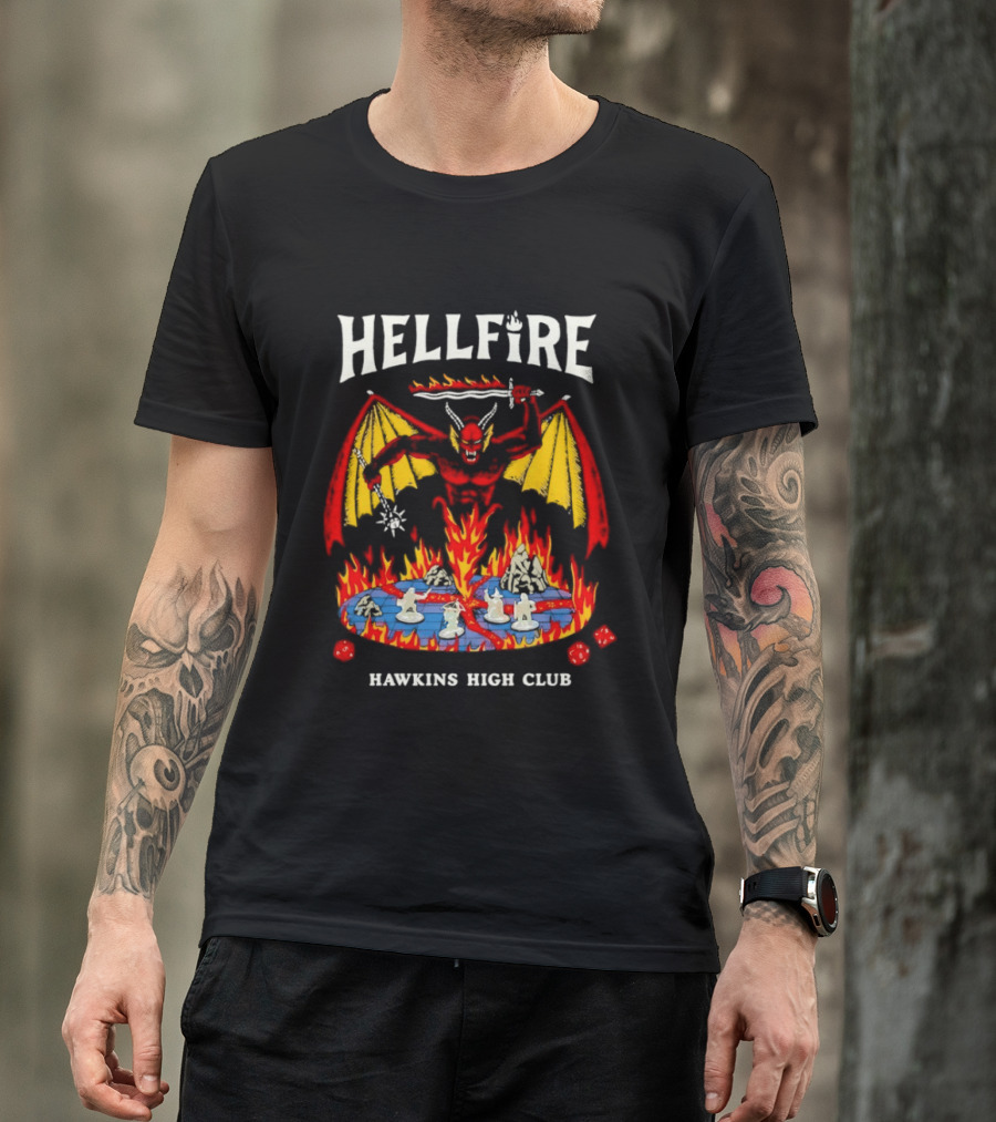 Hellfire Hawkins High Club Demon With Flames And Dice T-Shirt