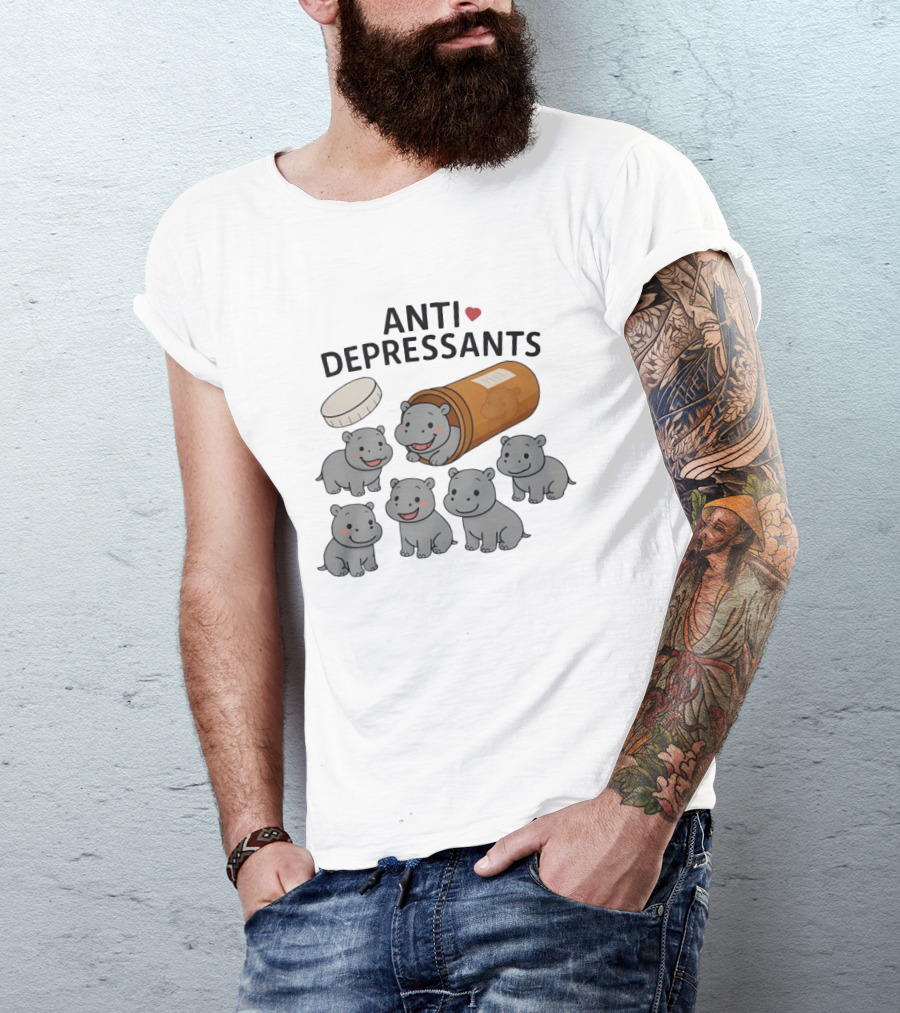 Hippos Anti Depressants Cute Cartoon Prescription Bottle T-Shirt