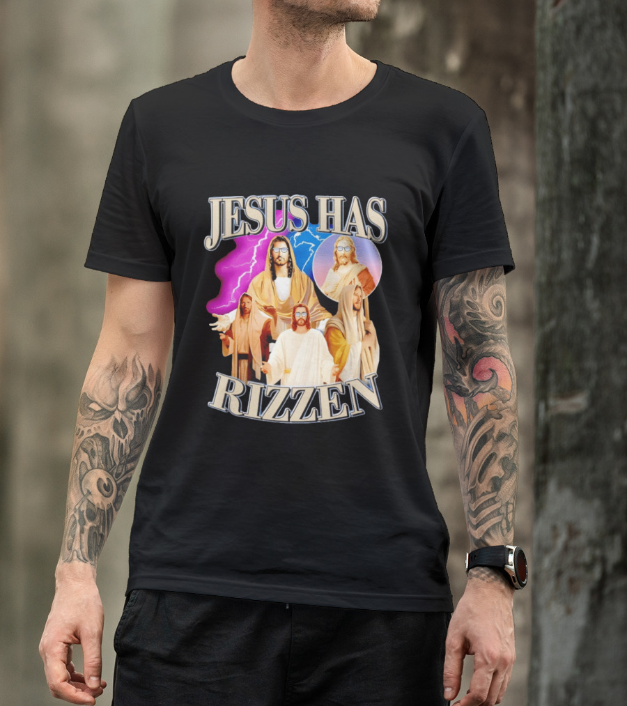 Jesus Has Rizz'en Meme Humor Lightning Vibes Sunglasses T-Shirt