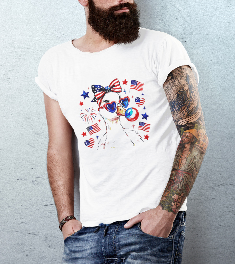 Preppy Patriotic Goose Coquette Fourth Of July With Stars And Stripes Sunglasses And Bow Tie T-Shirt