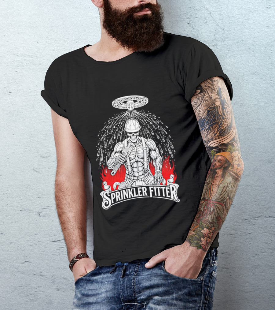 Skeleton Sprinkler Fitter With Fiery T-Shirt