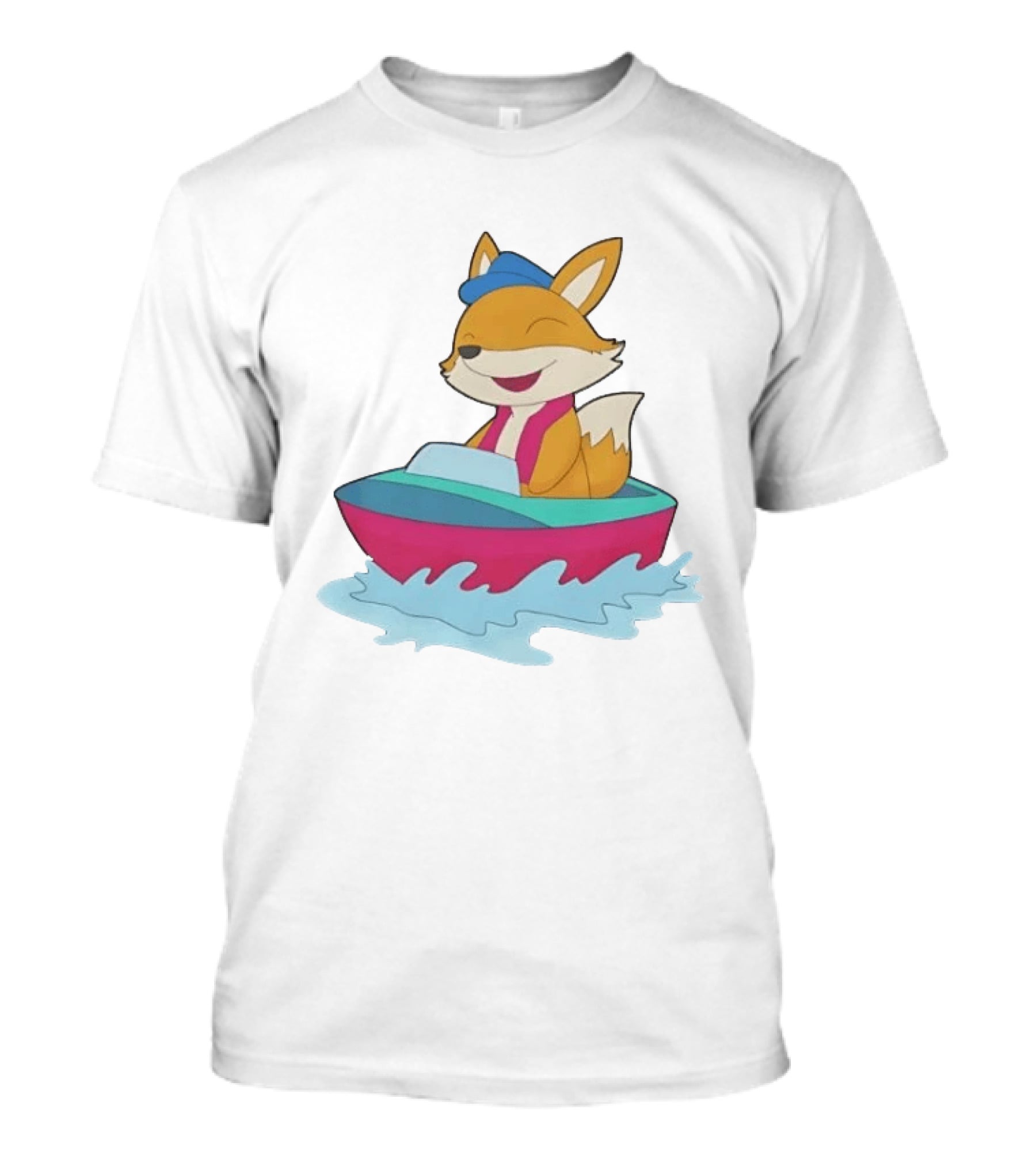 Cheerful Fox Sailing In Colorful Boat With Blue Hat And Pink Life Vest T-Shirt