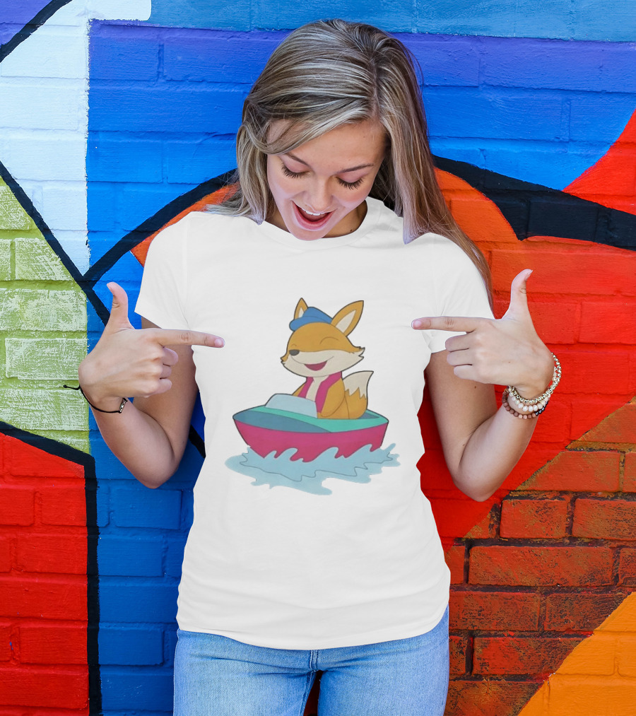 Cheerful Fox Sailing In Colorful Boat With Blue Hat And Pink Life Vest T-Shirt