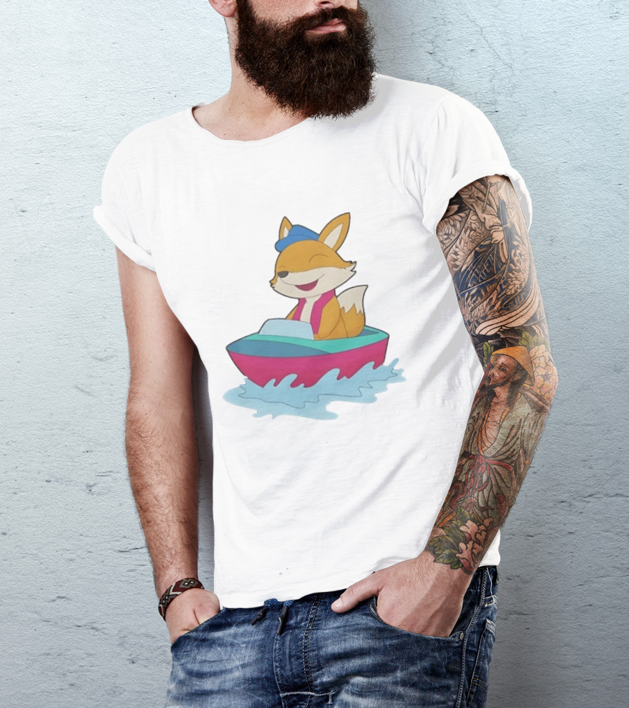 Cheerful Fox Sailing In Colorful Boat With Blue Hat And Pink Life Vest T-Shirt