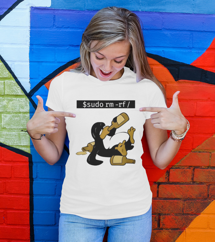 Penguin Linux Tux Drunk Sudo Rm Rf Command Bottles T-Shirt