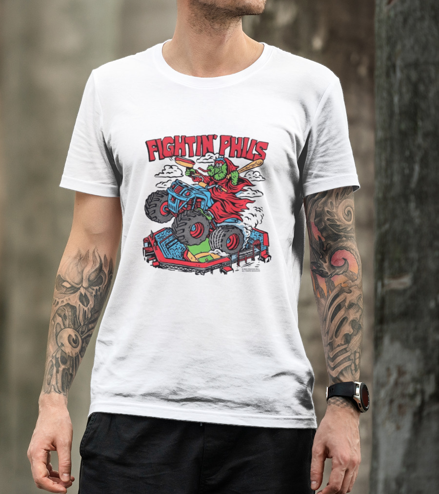 Fightin' Phils Monster Truck Creature Riding Over Baseball Stadium With Bats T-Shirt