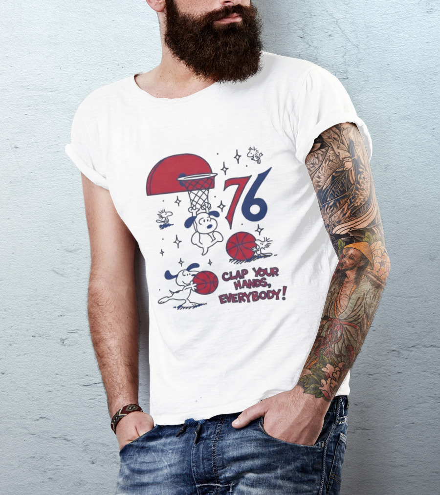 Snoopy Philadelphia 76ers Clap Your Hands Everybody Basketball Theme With Red And Blue T-Shirt