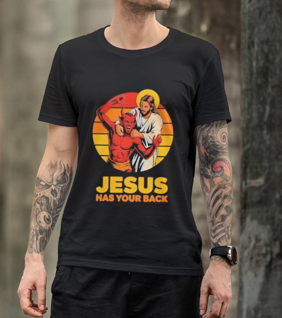 Jesus Has Your Back Vintage Illustration With Devil And Halo Symbolism T-Shirt