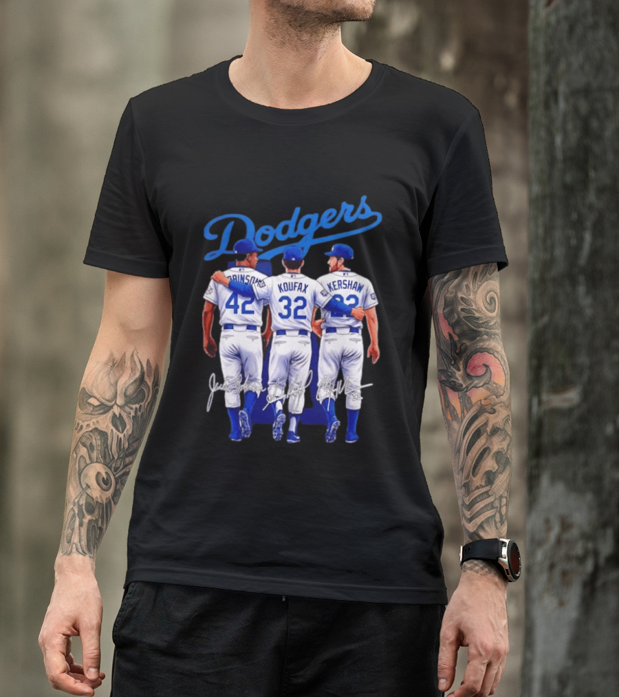 Los Angeles Dodgers Legendary Trio Jackie Robinson Sandy Koufax Clayton Kershaw Signatures T-Shirt