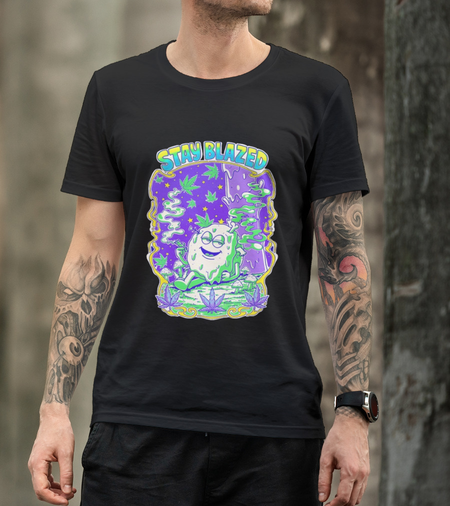 Stay Blazed Trippy Cannabis Character Psychedelic Art Leafs And Mushrooms T-Shirt