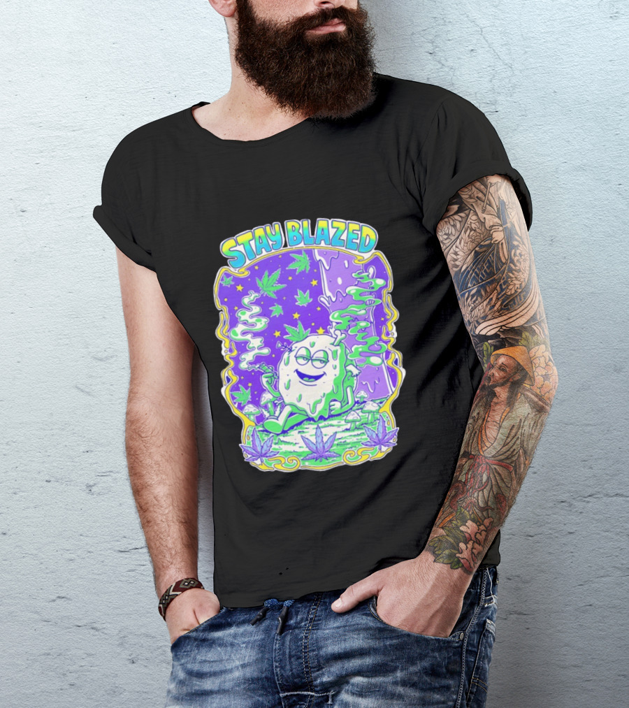 Stay Blazed Trippy Cannabis Character Psychedelic Art Leafs And Mushrooms T-Shirt