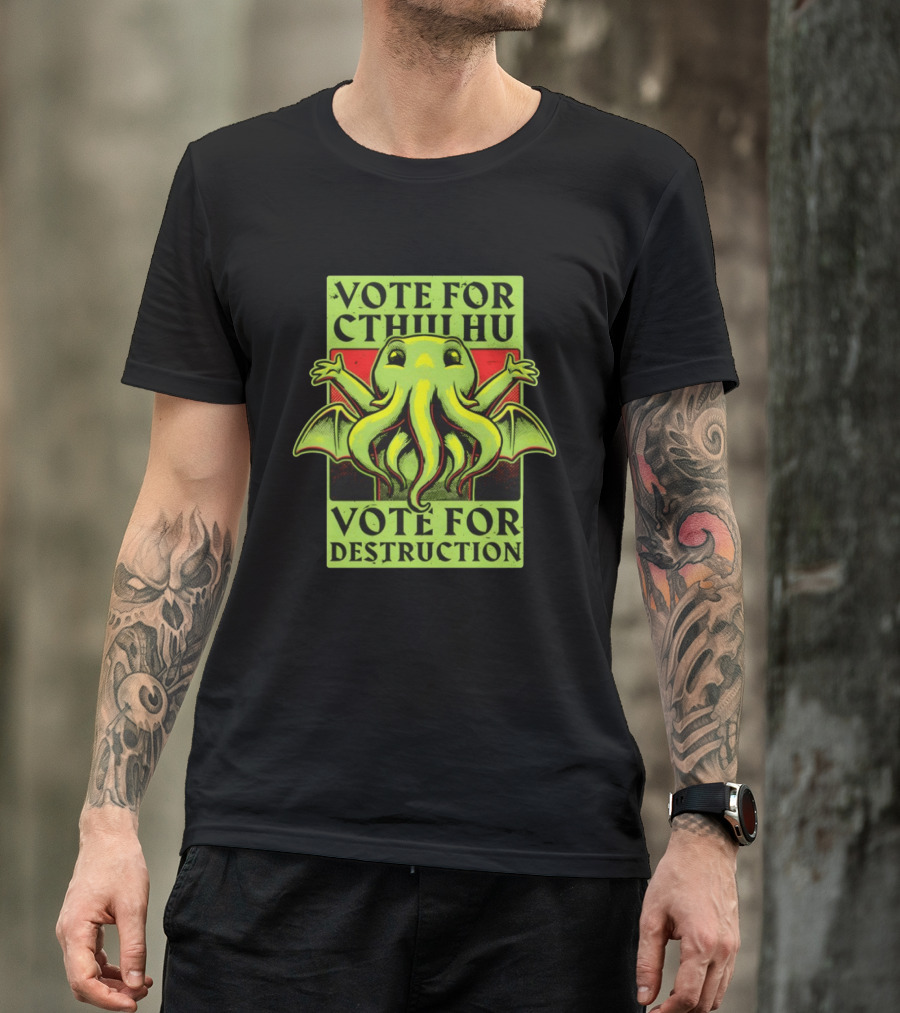Vote For Cthulhu For Destruction Cartoon Alien Creature With Tentacles And Wings T-Shirt